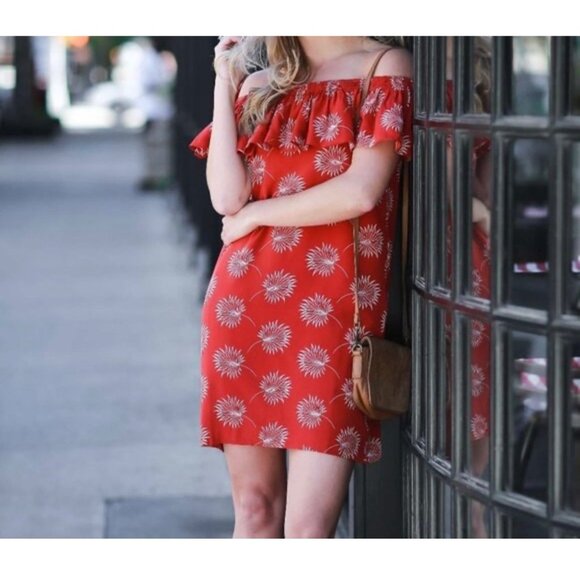Madewell Red Off-Shoulder Palmflower Pattern Dress Size S 100% Silk - Picture 4 of 9